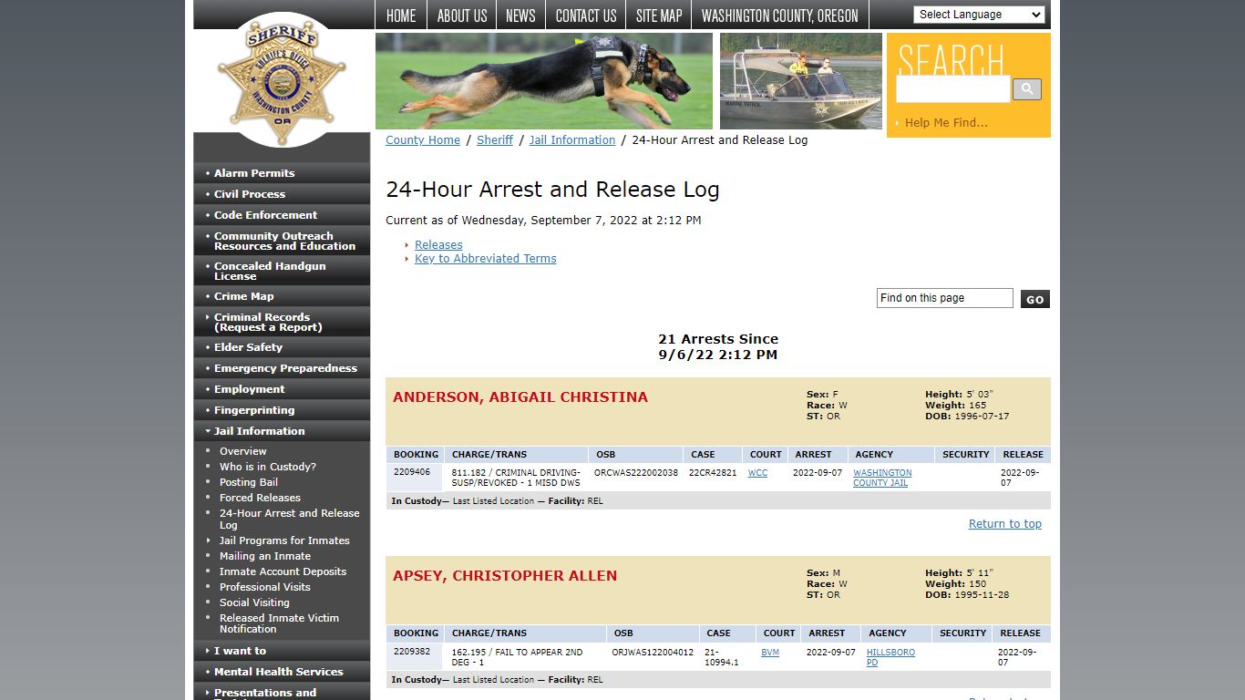 24-Hour Arrest and Release Log - Washington County, Oregon